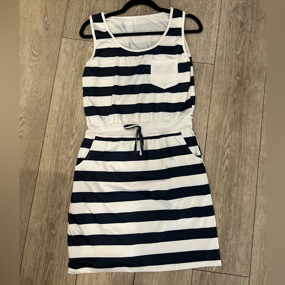 Navy and White Striped Jersey material Dress with pockets - Picture 5 of 7